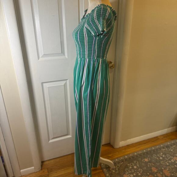 Cleobella Jade Jumpsuit Teal Navy White Striped Off the Shoulder Wide Leg Small - Picture 5 of 13